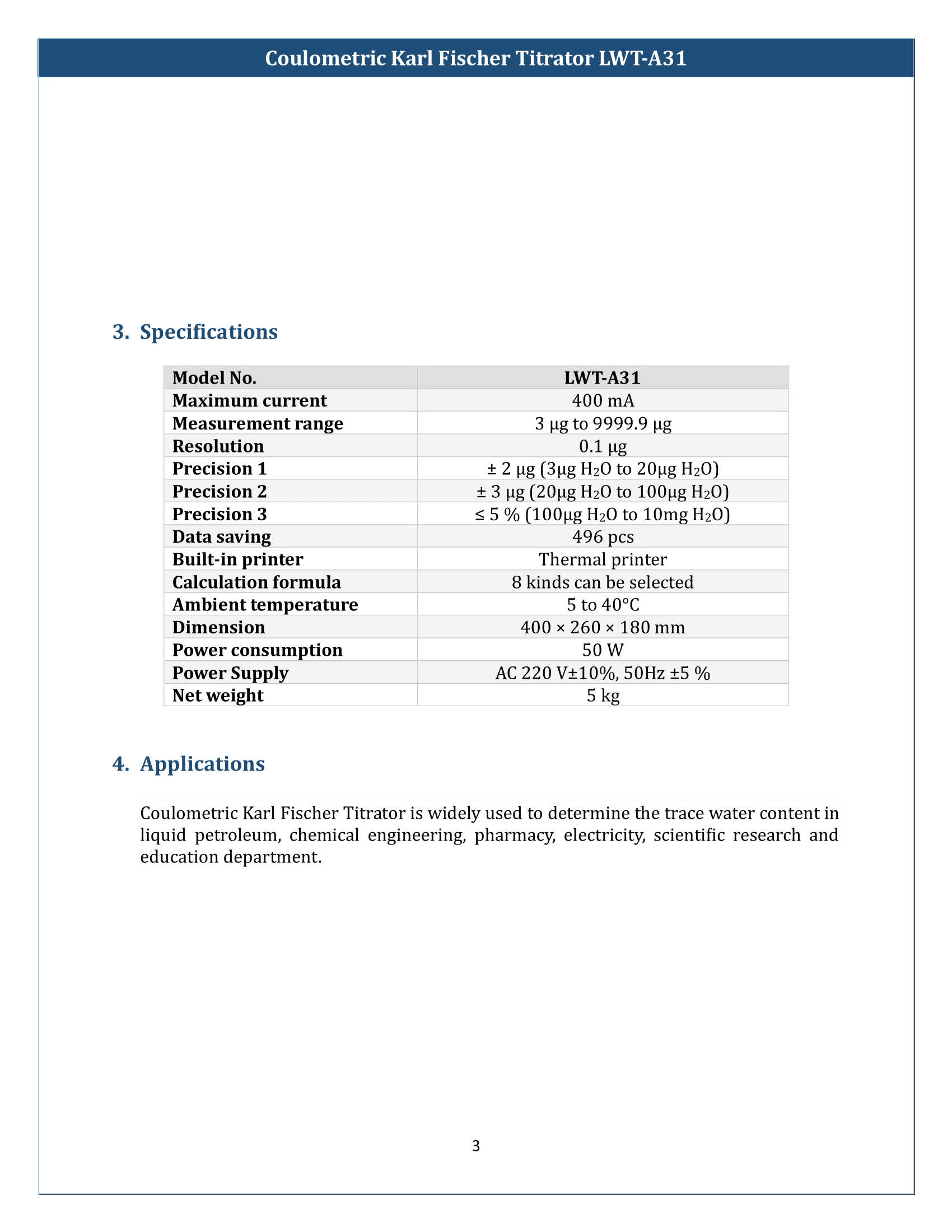 Coulometric Karl Fischer Titrator LWT-A31 Manual